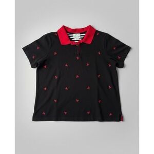 Quacker Factory 2X Black Red Lobster Embroidered Polo Shirt Short Sleeve Summer